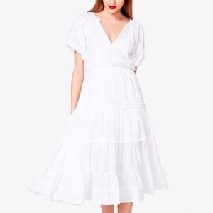 Betsy Johnson Dress XS White Rainbow Speckle Puff Sleeve Tiered Midi Cottagecore